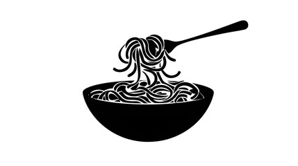 Black filled silhouette icon of a bowl of spaghetti with a fork twirling noodles, transparent background