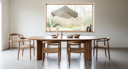 Minimalist dining room with wood table and sculptural light