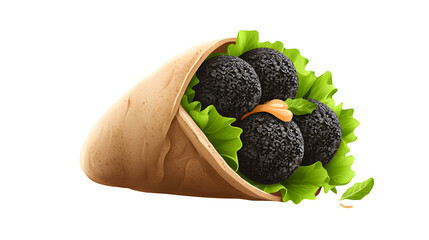 Black filled icon of falafel balls in a pita bread with lettuce and sauce, isolated on white background