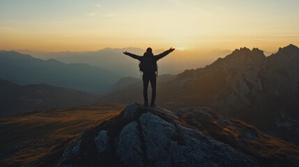 Pensive hiker with arms outstretched standing on rocky peak at sunrise in the bergamasque alps, italy, surrounded by majestic mountain scenery and golden morning light during solitary outdoor adventur