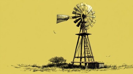 Simple illustration of a vintage windmill in a rural landscape