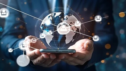 Business professional holding smartphone with digital globe and network connections in background - Powered by Adobe