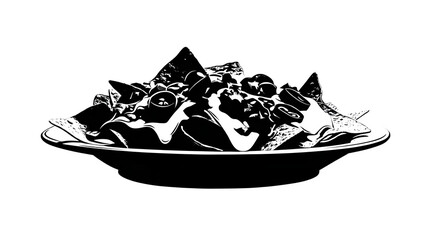 Black filled silhouette of a plate of nachos with cheese and toppings, white background