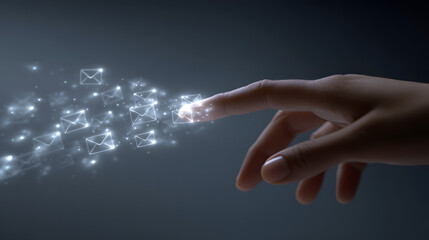 Digital Communication: An ethereal scene unfolds as a human hand interacts with a flurry of digital email icons, representing the boundless connectivity and immediacy of online communication.