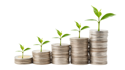 Stacks of coins with plants growing representing financial growth on transparent background