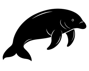 Fototapeta premium A vector silhouette of a dugong, a gentle sea mammal, is showcased in black against a clean, white background, perfect for design projects.