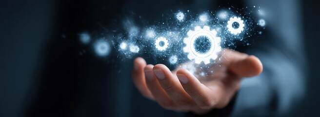 Hand holding digital gears technology innovation engineering
