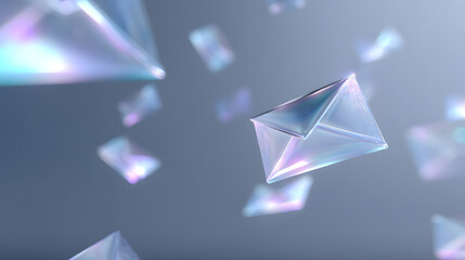 Digital Letters Floating: A modern artistic rendering presents transparent digital envelopes, suggesting an ethereal representation of online communication in a futuristic setting.