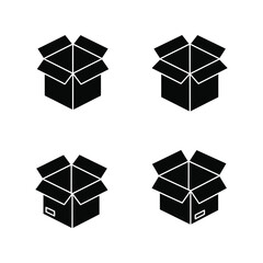 Four Black Empty Cardboard Boxes, Shipping and Packaging Vector Icons Set