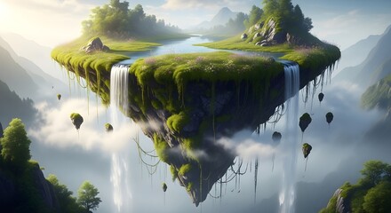 Magical floating island covered in lush greenery, cascading waterfall into a sea of clouds, vibrant wildflowers, misty mountain range, tranquil sky, and birds in flight