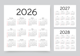 Calendar for 2026, 2027, 2028 years. Calender templates. Desk planner layout. Week starts Sunday. Set of yearly organizers. Grid with 12 month in English. Vector illustration. Square simple design.