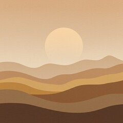 Minimalist Mountain Landscape in Earth Tones with Abstract Sun and Soft Paper Texture
