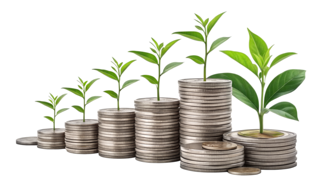 Stacks of coins with plants growing representing financial growth on transparent background