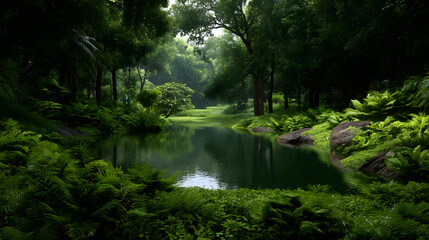 Naklejka premium Tranquil Forest Reflection: A picturesque forest pond reflecting the vibrant foliage, with sunlight filtering through the leaves, offers a serene escape into nature's beauty.