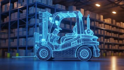 A futuristic wireframe forklift truck stands ready in a vast, glowing warehouse, showcasing advanced technology and efficient logistics - Powered by Adobe
