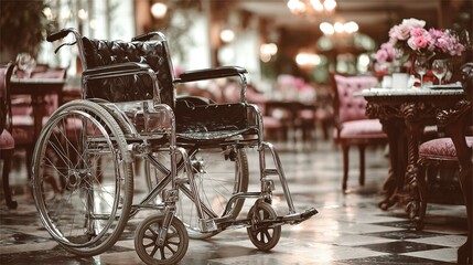 Empty wheelchair in a restaurant setting.