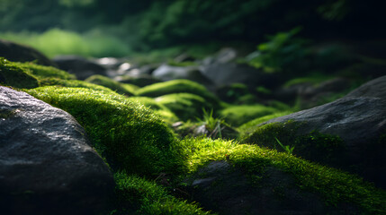 Obraz premium Lush Moss-Covered Stones: An inviting tableau unfolds, highlighting moss-covered stones in a verdant, serene setting. The image encapsulates the tranquil essence of nature.