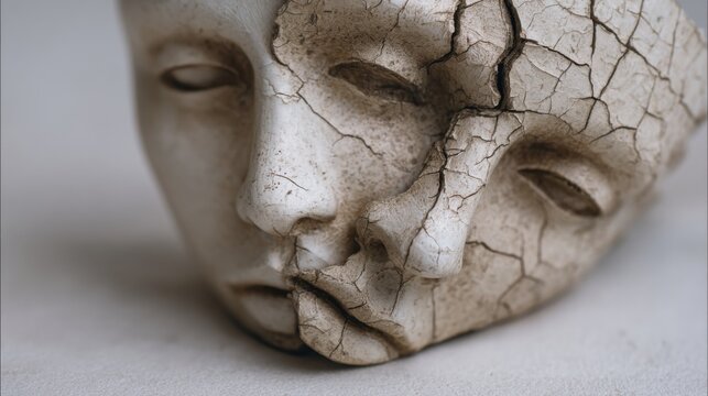 Cracked ceramic masks merging into one symbolic sculpture representing fractured identity and emotional struggle for World Mental Health Day awareness visuals and psychology campaigns