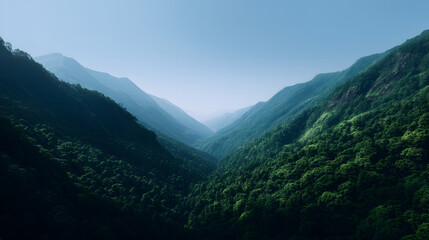 Naklejka premium Panoramic Mountain Valley: A majestic, wide-angle vista captures the essence of nature's grandeur, showcasing a deep, verdant valley embraced by towering mountains under a serene sky.