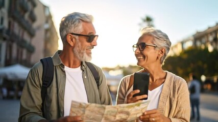 Senior Couple Exploring City Using Map and Phone