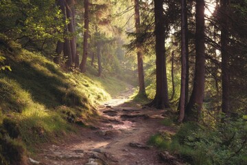 Obraz premium A Sunlit Forest Trail Beckons a Peaceful Hike Through Verdant Woods