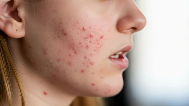 Side view closeup of a young womans face showing prominent acne and skin imperfections