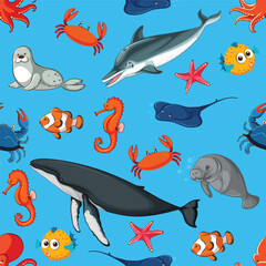 Seamless vector pattern of sea animals including crabs, dolphins, fish, starfish, dugongs, and seahorses. Perfect for ocean-themed projects, backgrounds, and textiles.
