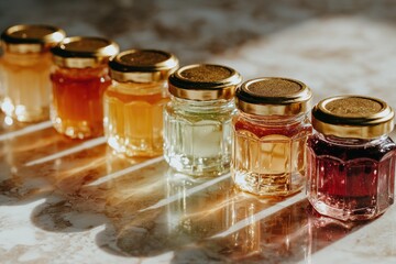 Seven small glass jars with gold lids, containing vibrantly colored honey or preserves, arranged in a row on a light marble surface, backlit by sunlight casting shadows