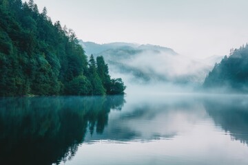 Serene Mist Shrouds a Tranquil Forested Lake Creating a Peaceful and Relaxing Atmosphere for Nature Lovers and Photographers Seeking Calm