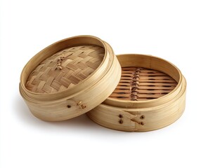 Two-tiered, light-brown bamboo steamer, lid slightly ajar, showcasing woven construction and bamboo slats within.  Isolated on white background