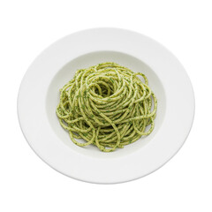 Plate of Spaghetti with Pesto Sauce and Grated Parmesan Cheese
