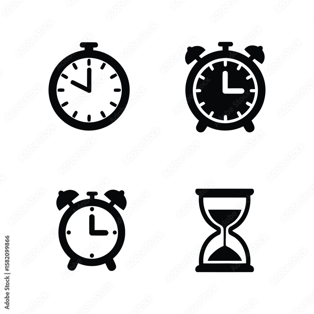 Poster vector set of time icons: clock, hourglass, digital timer symbols for various time concepts