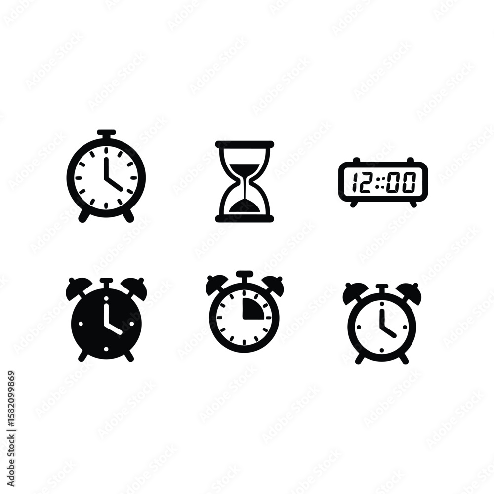 Poster vector set of time icons: clock, hourglass, digital timer symbols for various time concepts