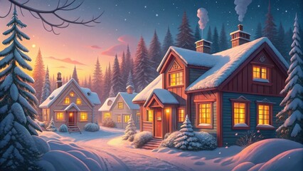 Fototapeta premium Cozy snow covered village houses under a beautiful sunset sky