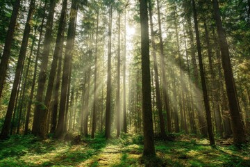 Obraz premium Sunlight filters through tall pine trees in a dense forest creating a serene and peaceful natural atmosphere with rays of light illuminating the forest floor and lush green vegetation