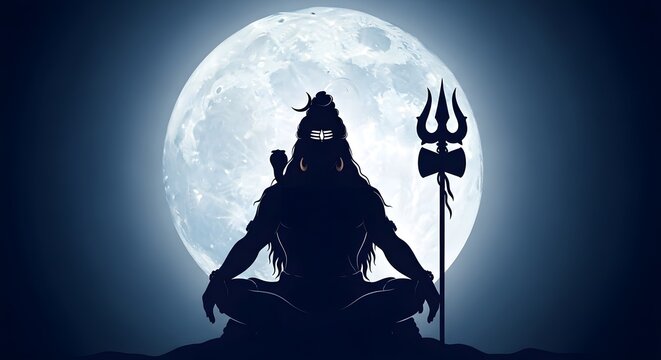 A powerful silhouette of lord shiva in a meditative pose, holding a trident, sits before a luminous full moon against a dark blue night sky, symbolizing spiritual power and cosmic energy
