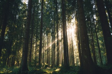 Obraz premium Sunbeams piercing through a dense forest canopy illuminating tall pine trees creating a magical atmosphere