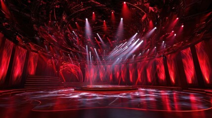 A vibrant stage setup with red lighting, circular patterns, and a central spotlight area, ideal for performances or presentations.