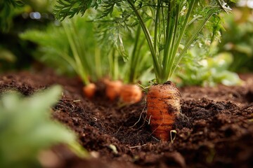 Vibrant orange carrots, partially unearthed from rich dark soil, their lush green tops extending skyward in a garden setting