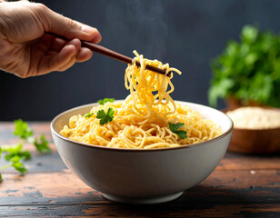 Hand stirring noodles in a bowl with chopsticks, close up