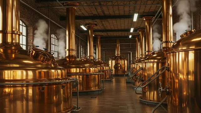 Interior of a modern brewery with copper kettles and warm steam. Industrial yet clean and atmospheric. Ideal for craft beer, brewing process, and industry visuals. No people.