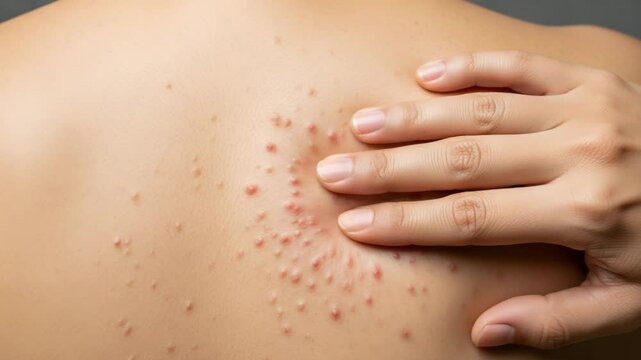 Closeup of a persons back with severe acne, showing numerous red inflamed pimples and a hand touching the affected area