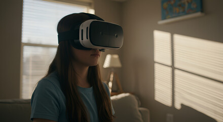 Girl wearing VR headset, indoors