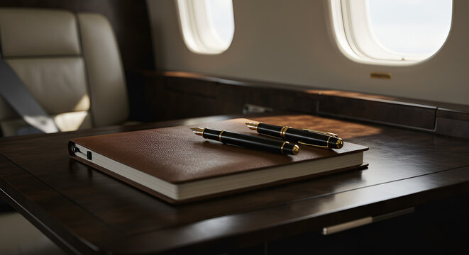 Luxurious jet interior, pens on a leather journal