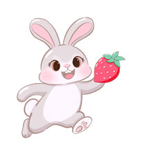 bunny with strawberry, kawaii bunny, cartoon bunny illustration flat bunny character clipart