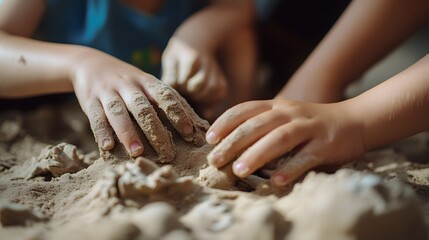 children’s hands playing with kinetic sand, tactile activity with visible textures and movement 
