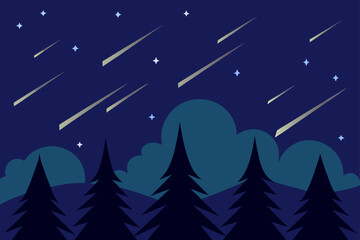 shooting stars above dark forest silhouette