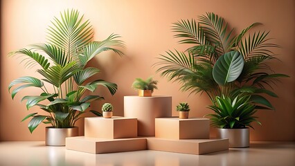 Obraz premium A minimalist display of various indoor plants on pedestals in a warmtoned room