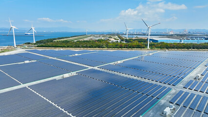 Aerial view of a hybrid wind and solar power plant