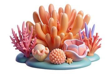 Vibrant 3d coral reef scene with various marine life isolated on transparent background